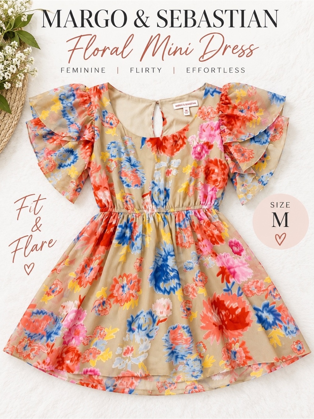 Margo & Sebastian Floral Ruffle Sleeve Fit Flare Mini Dress Beige Size M